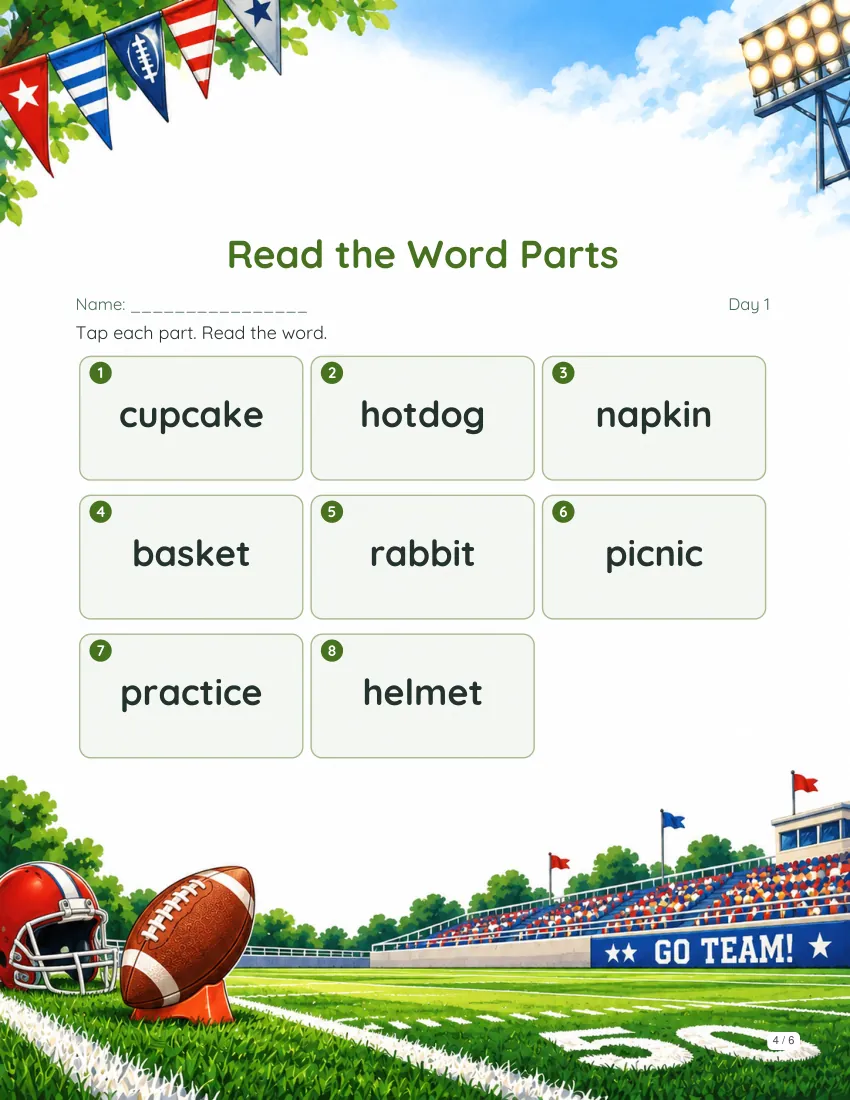 Sample reading page from the Football theme packet