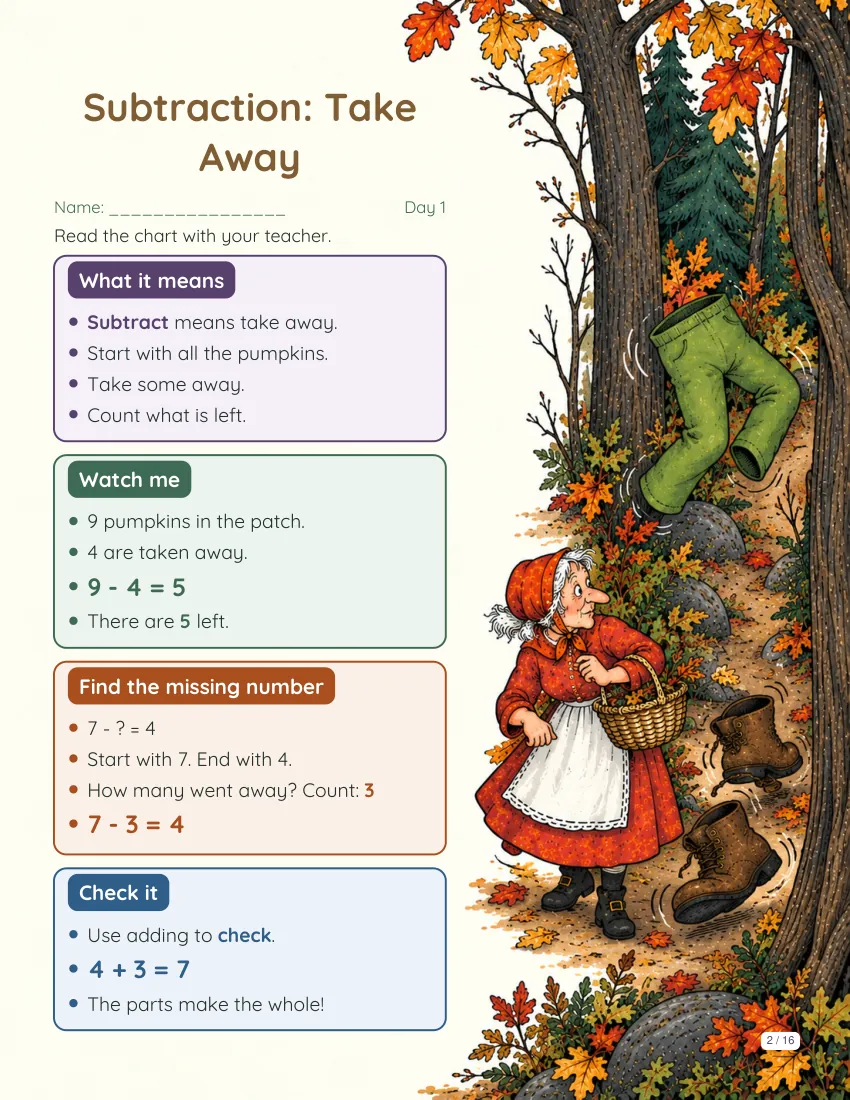 Sample math page from the The Little Old Lady Who Was Not Afraid of Anything book packet