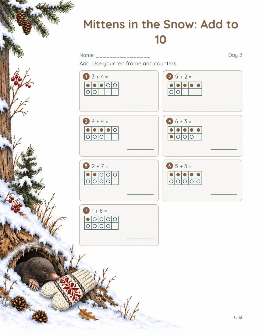 Sample math page from the The Mitten book packet
