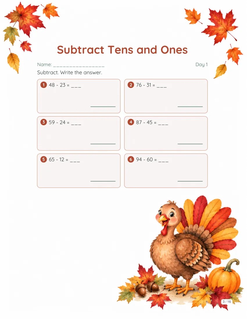 Sample math page from the Thanksgiving theme packet