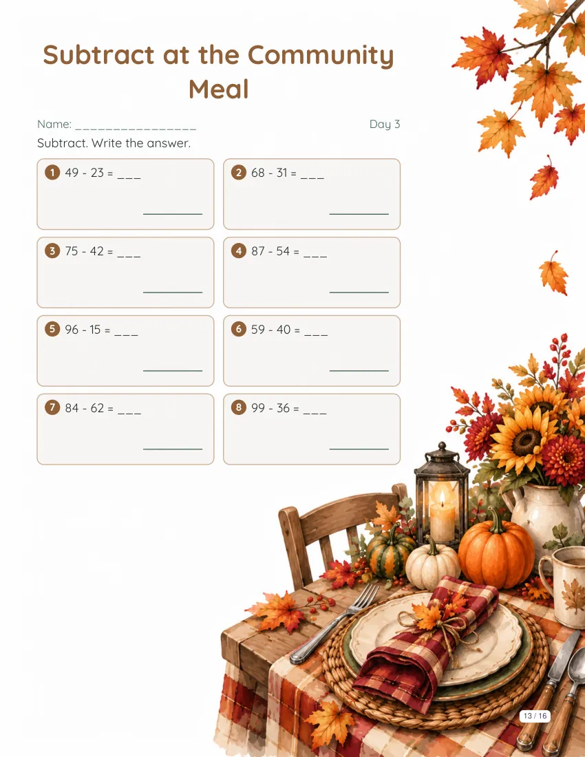 Sample math page from the Thanksgiving theme packet