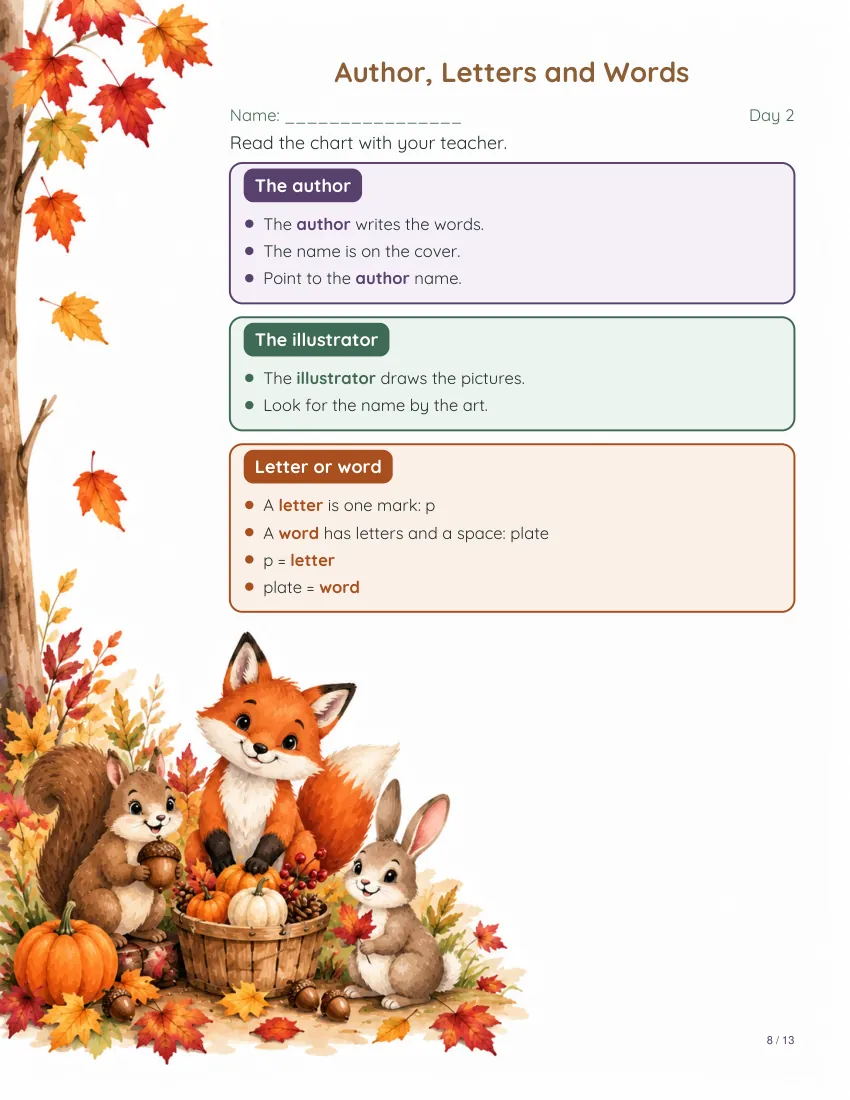 Sample reading page from the Thanksgiving theme packet